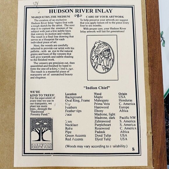 Wood Art Hudson River Inlay Wooden Marquetry Framed Indian Chief Signed Nelson - Picture 5 of 7